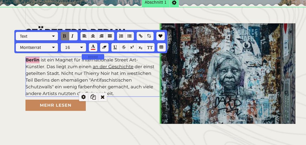 website creator editor zeigt text-editor zum bearbeiten von text