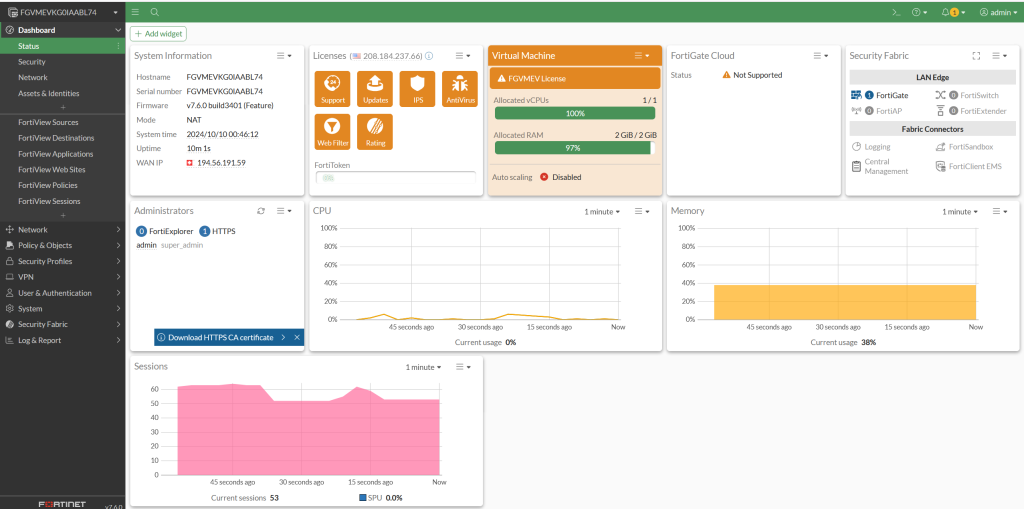 Adminkonsole von der Virtuellen FortiGate. Dashboard mit Statusseite.