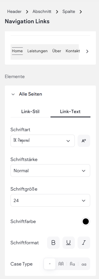 Einstellungen für Navigation Links im WSC AI Editor mit Optionen für Schriftart, Schriftstärke, Schriftgrösse, Schriftfarbe und Schriftformat.